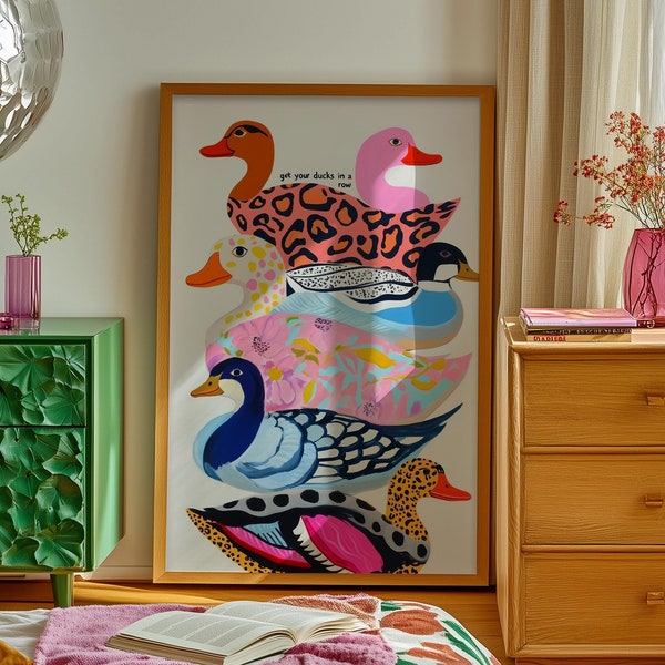 Colorful Ducks Art Print: Kitsch Animal Pattern Wall Decor