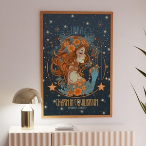 Regalo de Navidad para Libra, Arte de los años 70, Impresión Art Nouveau, Cartel de Libra, Cartel del Zodíaco, Decoración del hogar, Impresión del Zodíaco, Arte Libra, Decoración del dormitorio de los años 70