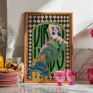 Virgo zodiac wall art featuring a dazzling, vintage-style showgirl held gracefully by a green hand, adorned in vibrant bejeweled fashion. Surrounded by bold “Virgo” lettering and a retro pink-and-green checkerboard frame, this mystical, feminine artwork is perfect for astrology lovers, coquette dorms, and magical bedroom spaces.