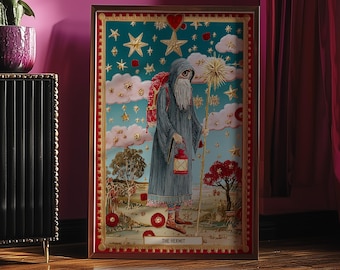 The Hermit Tarot Art Print: Mystical Surrealism Poster, Maximalist Spiritual Wall Decor