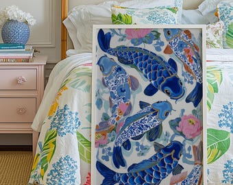 Koi Fish Wall Art Print: Blue Chinoiserie Coastal Decor