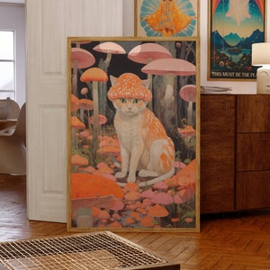 Lámina artística de gato psicodélico: decoración retro de setas de los años 70