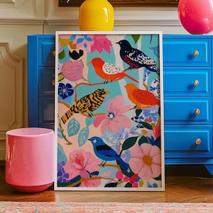 Minimalistischer Kunstdruck mit Vögel und Blumen