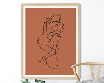 Boho Wand Dekor Kuscheln paar minimalistische eine Linie Zeichnung verbrannt Orange Schlafzimmer Wand Dekor