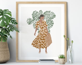 Fashion Illustration, Boho Bedroom Decor Boho Wall Decor Burnt Orange Fashion Drawing Above Bed Art Above Couch Gallery Wall