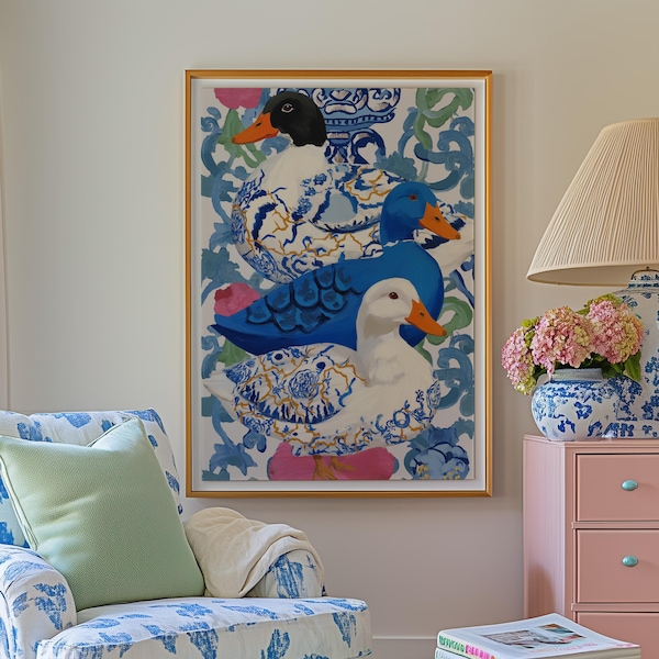Duck Art Print: Blue and White Chinoiserie Floral Wall Decor