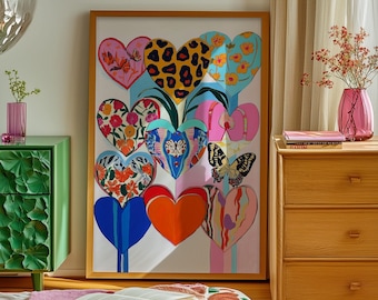 Colorful Hearts Wall Art Print: Maximalist Bedroom Decor