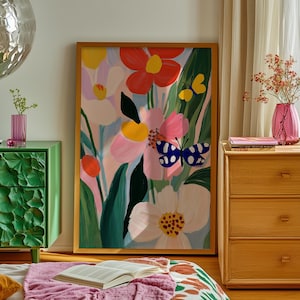 Blumen Schmetterling Print: Bunte Boho Botanische Wandkunst