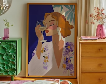 Elegant Woman with Wine Art Print: Modern Feminine Wall Decor