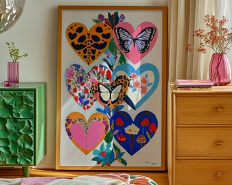 Wall Art, Colorful Heart Poster, Eclectic Bedroom Decor, Girly Dopamine Artwork, Floral and Animal Print, Gift for Her, Maximalist Heart Art