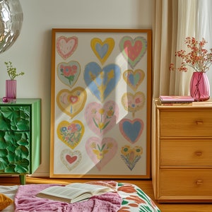 Wall Art, Cottagecore Heart Wall Art for Bedroom or Nursery, Love Floral Heart Prints, Vintage 70s Aesthetic Room Decor, Gift for Girlfriend