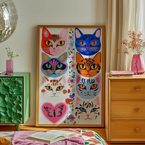 Arte mural, retratos eclécticos de gatos, decoración floral y de mariposas para gatos, impresión decorativa de dopamina, regalo maximalista para amantes de los gatos, arte colorido para dormitorio