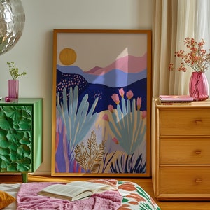 Arte murale, paesaggio desertico floreale rosa, stampa di cactus cowgirl, arredamento boho beige lavanda, stampa artistica di paesaggio montano, stampa artistica di tramonto
