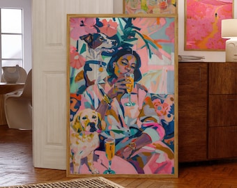 Puede incluir: Una pintura abstracta colorida con una mujer con un perro, una copa de champán y un fondo rosa.