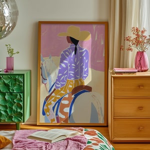 Impression d&#39;art cow-girl à cheval : décoration murale bohème occidentale