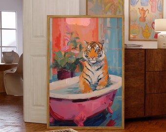 Bathroom Wall Art, Tiger Poster, Maximalist Dopamine Decor, Pink Kitsch Aesthetic, Tiger In a Bath Print, Preppy Wall Art, Trendy Decor