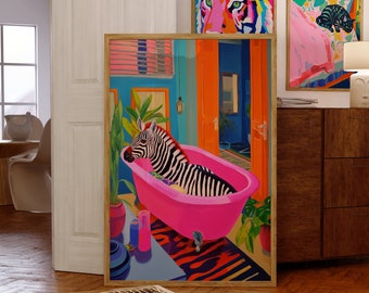 Maximalistische Badezimmer Wandkunst, Dopamin-Dekor, rosa Kitsch Ästhetik, Zebra in einem Bad Druck, adrette Wandkunst, trendige Dekoration, Badezimmer Wandkunst