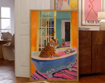 Tiger Poster, Maximalist Bathroom Wall Art, Dopamine Decor, Pink Kitsch Aesthetic, Tiger In a Bath Print, Preppy Wall Art, Trendy Decor