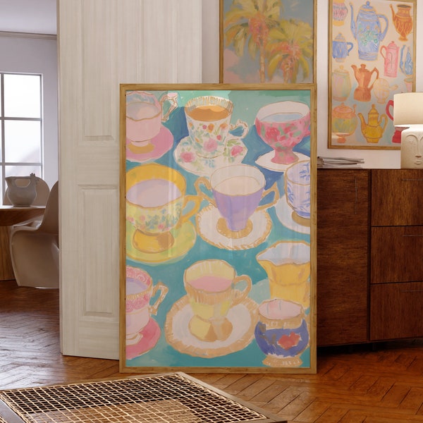 Décoration esthétique salle à manger, décoration de cuisine, art mural cuisine cottage, impression d'art cuisine colorée, dessin de café, illustration de nourriture