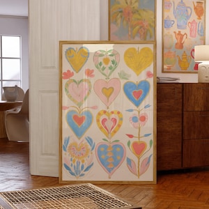 Póster de corazones, póster de amor, impresión de pared de los años 70, arte de pared rojo, póster vintage, decoración cottagecore, lindo regalo para novia, decoración de dormitorio, arte