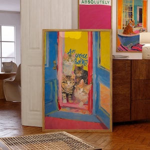 Maximalistisches Badezimmer Wandkunst, trendiges Dekor, Toiletten-Dekor, lustiges Katzen-Poster, Dopamin-Dekor, rosa Kitsch ästhetisch, adrette Wandkunst