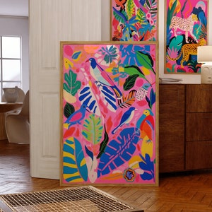 Tropical Bird Art Print: Maximalist Pink Decor