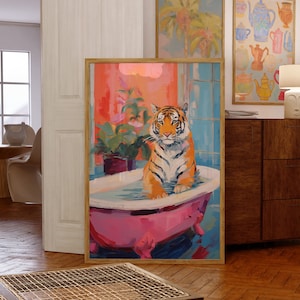 Bathroom Wall Art, Tiger Poster, Maximalist Dopamine Decor, Pink Kitsch Aesthetic, Tiger In a Bath Print, Preppy Wall Art, Trendy Decor