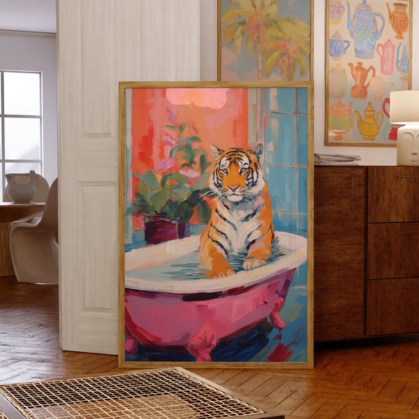 Bathroom Wall Art, Tiger Poster, Maximalist Dopamine Decor, Pink Kitsch Aesthetic, Tiger In a Bath Print, Preppy Wall Art, Trendy Decor