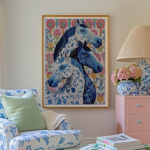 Arte murale, stampa artistica da parete con cavalli, decorazioni floreali, poster cineserie blu e bianco, arredamento colorato massimalista per soggiorno, camera da letto e cameretta dei bambini