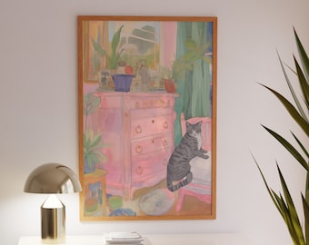 Roze kat kunstafdruk: girly slaapkamerdecor