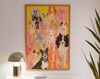 Colorful Dog Breeds Art Print: Maximalist Pink Decor