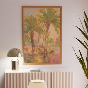 Arte mural con paisaje tropical, dibujo de puesta de sol con palmeras, decoración de playa oceánica, póster rosa de moda, decoración bohemia de verano para el hogar, arte ecléctico