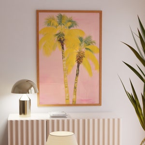 Trendy Pink Poster, Tropical Decor, Palm Tree Drawing, Sunset Drawing, Summer Home Decor, Ocean Drawing, Boho Wall Art, Eclectic Decor