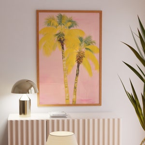Cartel rosa de moda, decoración tropical, dibujo de palmera, dibujo de puesta de sol, decoración de casa de verano, dibujo del océano, arte de pared boho, decoración ecléctica