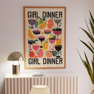 Girl Dinner Poster, 70s Wall Decor, 70s Art Print, Dining Room Decor, Bar Decor, Food illustration, Wine Drawing