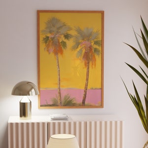 Arte de pared, arte de pared tropical boho, dibujo de puesta de sol con palmeras, decoración de playa rosa con océano, póster de moda para el hogar de verano, decoración boho ecléctica