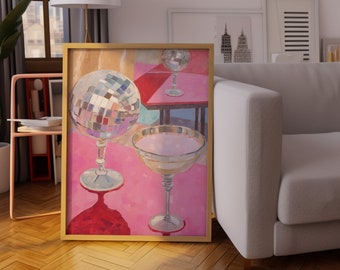 Disco Ball & Cocktails Kunstdruck Bar Dekor in Pink
