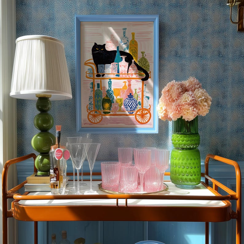 Black Cat Cocktail Bar Cart Art Print: Retro Kitchen Decor - Etsy