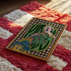 Virgo zodiac wall art featuring a dazzling, vintage-style showgirl held gracefully by a green hand, adorned in vibrant bejeweled fashion. Surrounded by bold “Virgo” lettering and a retro pink-and-green checkerboard frame, this mystical, feminine artwork is perfect for astrology lovers, coquette dorms, and magical bedroom spaces.