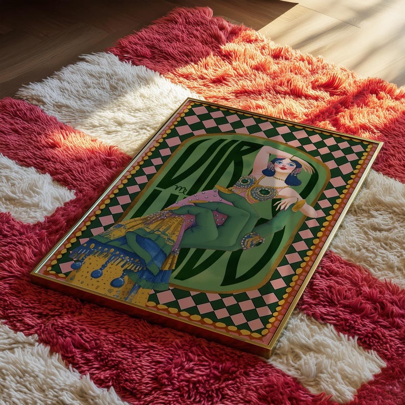 Virgo zodiac wall art featuring a dazzling, vintage-style showgirl held gracefully by a green hand, adorned in vibrant bejeweled fashion. Surrounded by bold “Virgo” lettering and a retro pink-and-green checkerboard frame, this mystical, feminine artwork is perfect for astrology lovers, coquette dorms, and magical bedroom spaces.
