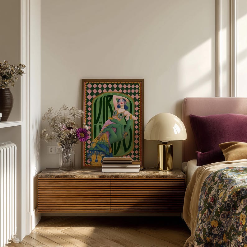 Virgo zodiac wall art featuring a dazzling, vintage-style showgirl held gracefully by a green hand, adorned in vibrant bejeweled fashion. Surrounded by bold “Virgo” lettering and a retro pink-and-green checkerboard frame, this mystical, feminine artwork is perfect for astrology lovers, coquette dorms, and magical bedroom spaces.