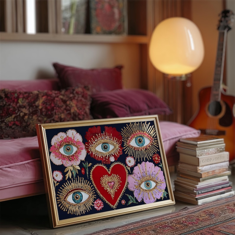 Mystical wall art featuring all-seeing eyes set in radiant flowers with golden rays, anchored by a glowing red heart. This visionary artwork merges mysticism, folk spirituality, and psychedelic symbolism, making it a perfect fit for a witchy boho room, meditation corner, or spiritual gift. Designed for lovers of esoteric beauty and third-eye awakening art.