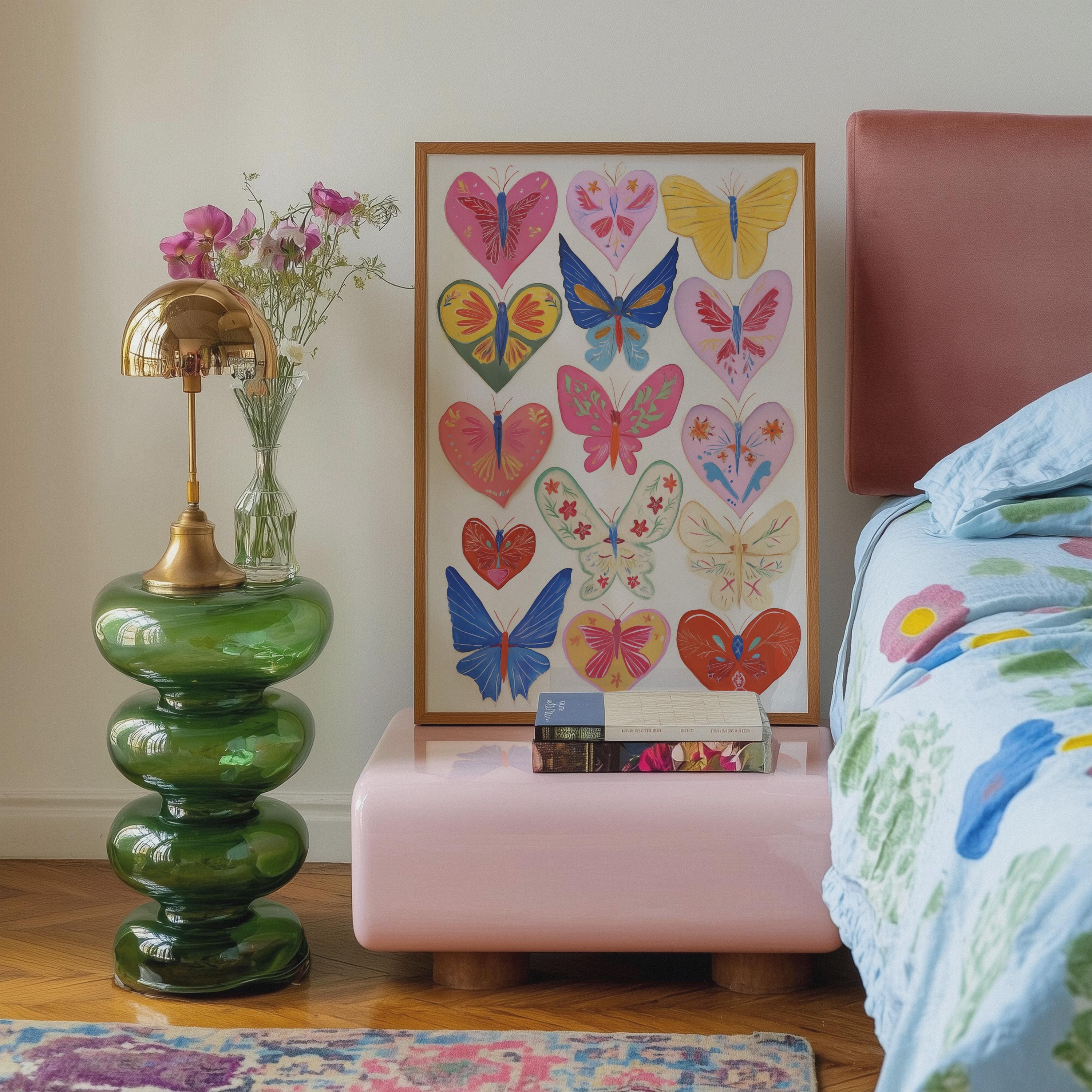 Wall Art, Butterfly Heart Print, Colorful Nursery Art, Girly Dorm Decor, 70s Inspired Art, Boho Wall Art, Whimsical Bedroom Poster