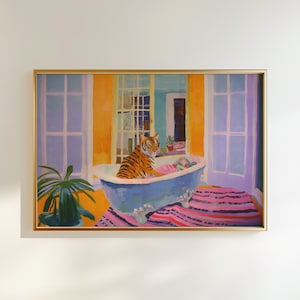 Affiche tigre dans une baignoire, décoration de salle de bain maximaliste, déco dopamine, esthétique kitsch rose, impression tigre, art mural BCBG, décoration tendance