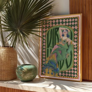 Virgo zodiac wall art featuring a dazzling, vintage-style showgirl held gracefully by a green hand, adorned in vibrant bejeweled fashion. Surrounded by bold “Virgo” lettering and a retro pink-and-green checkerboard frame, this mystical, feminine artwork is perfect for astrology lovers, coquette dorms, and magical bedroom spaces.