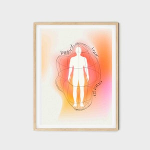 May include: A digital illustration of a person with a white outline standing inside a glowing orange and pink aura. The text "Protect your energy" is written around the aura.