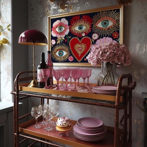 Mystical wall art featuring all-seeing eyes set in radiant flowers with golden rays, anchored by a glowing red heart. This visionary artwork merges mysticism, folk spirituality, and psychedelic symbolism, making it a perfect fit for a witchy boho room, meditation corner, or spiritual gift. Designed for lovers of esoteric beauty and third-eye awakening art.