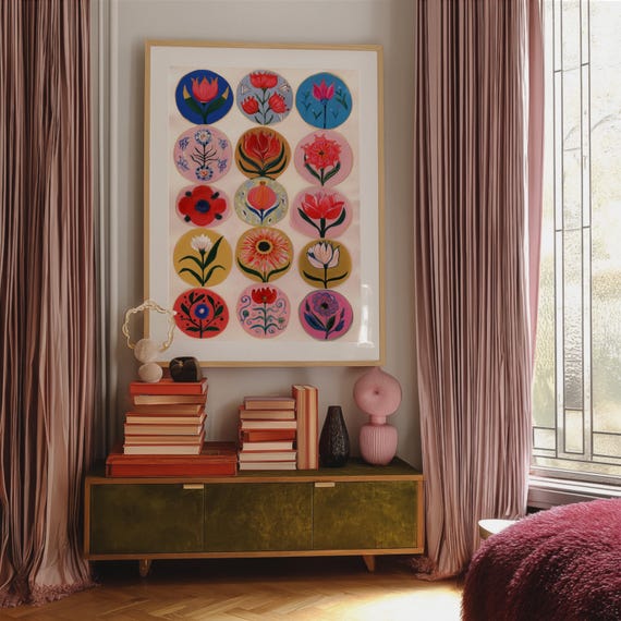 Floral Folk Art Print: Colorful Botanical Wall Decor