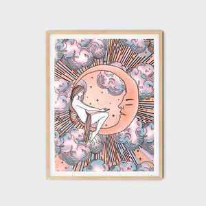 May include: A digital illustration of a woman sitting on a crescent moon with a pink and blue gradient. The moon is surrounded by clouds and stars. The background is a pink and blue gradient with a sunburst effect.