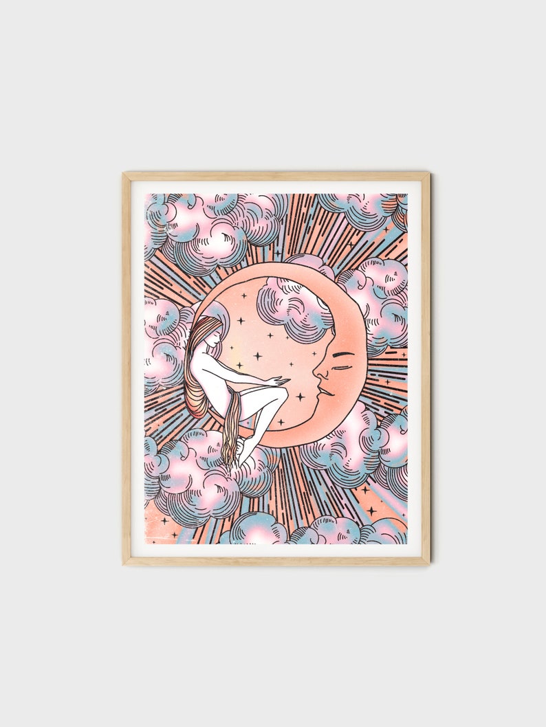 May include: A digital illustration of a woman sitting on a crescent moon with a pink and blue gradient. The moon is surrounded by clouds and stars. The background is a pink and blue gradient with a sunburst effect.